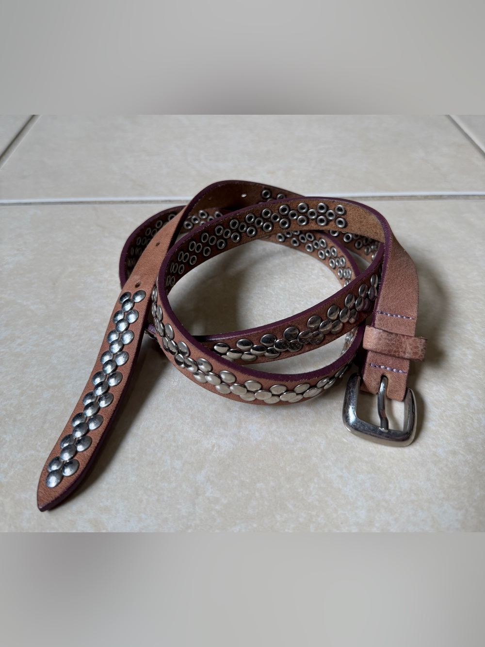 Women's Studded Leather Belt Brown Skinny Boho Western Silver Rivets L